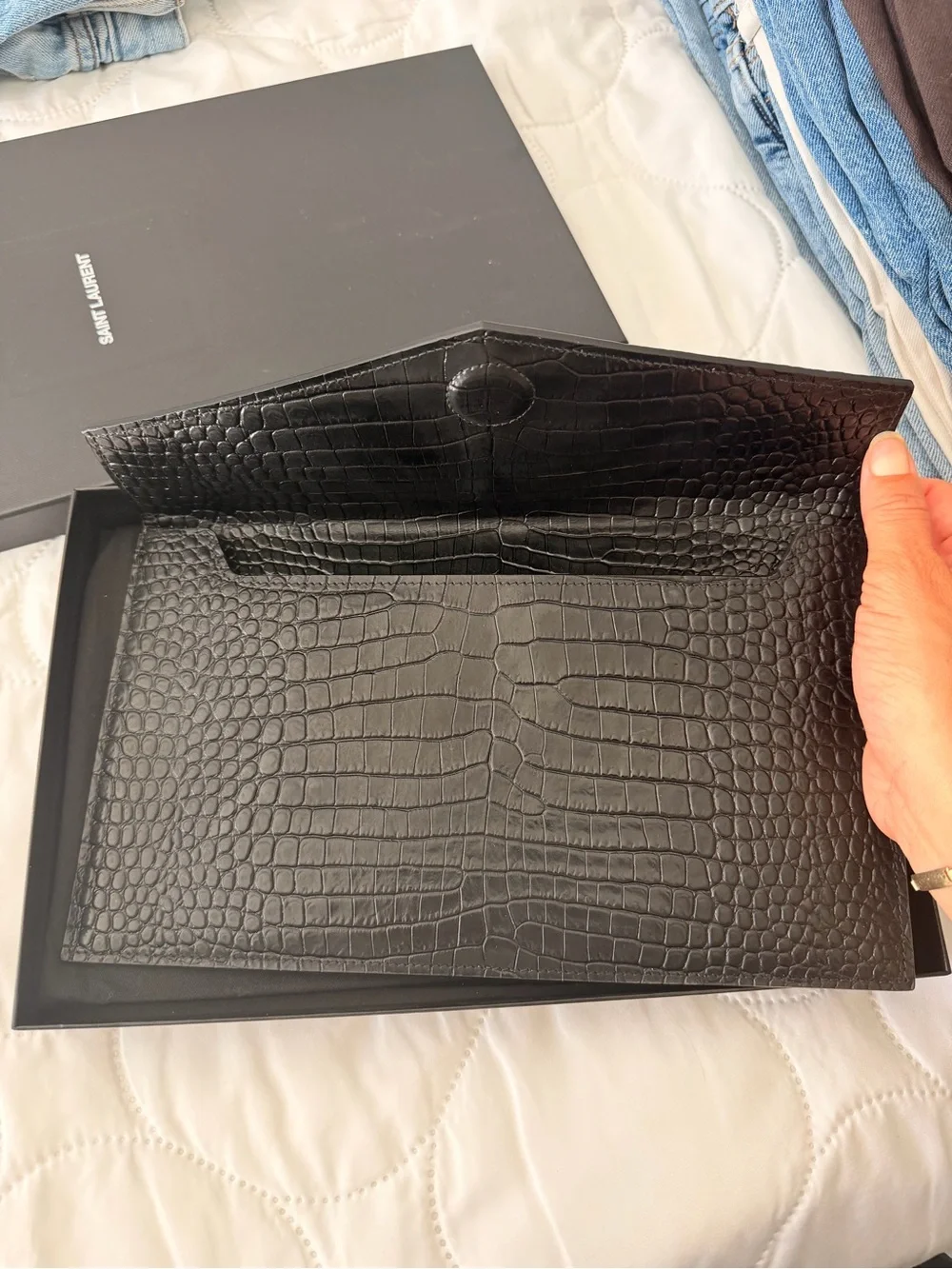 SAINT LAURENT Croc Embossed Envelope Clutch – Black with Gold Hardware YSL - Picture 2 of 3